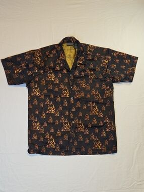 Odo Black Flaming Skull Graphic AOP Short Sleeve Button Down Shirt Vintage Y2K